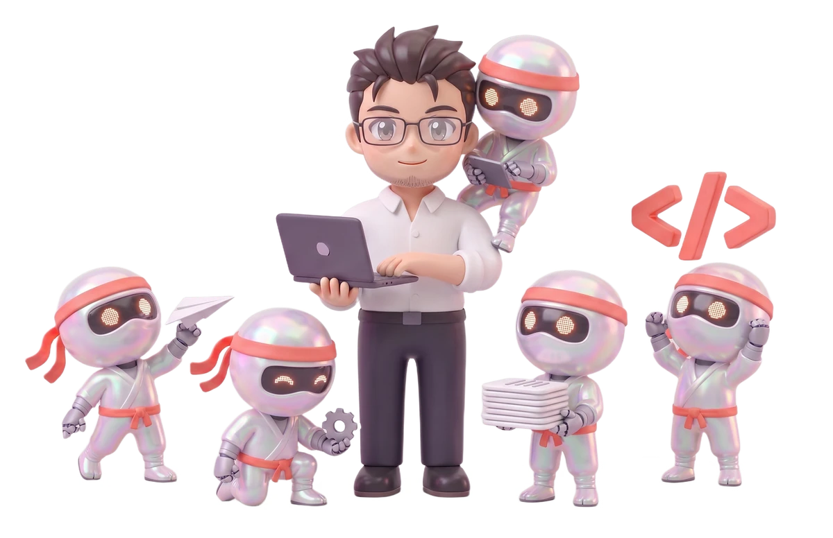 An engineer typing on his laptop, surrounded by five ninja robot agents at work