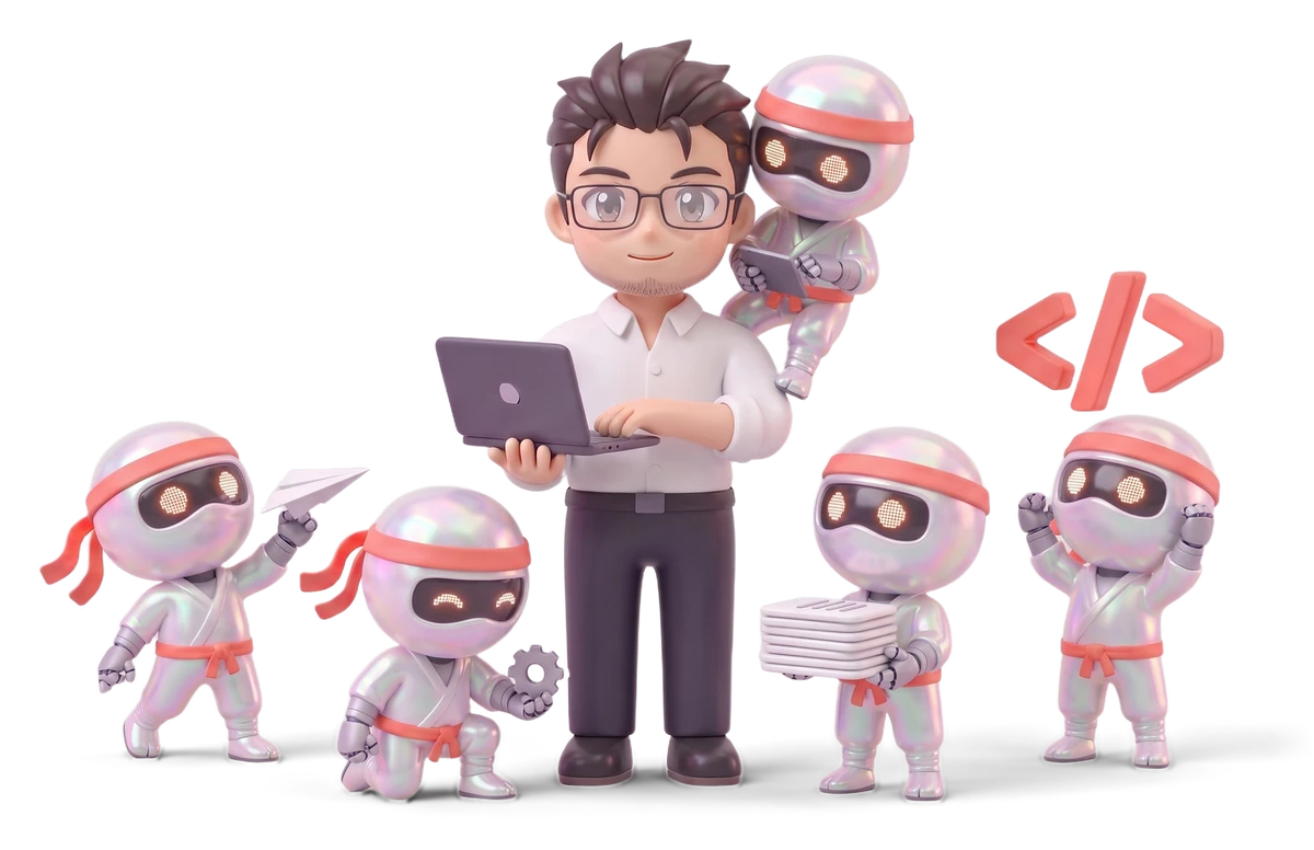 An engineer typing on his laptop, surrounded by five ninja robot agents at work