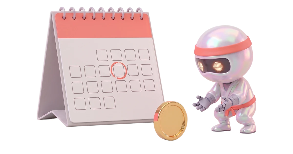 A desk calendar with one day circled, and a gold coin rolling back to a ninja robot agent