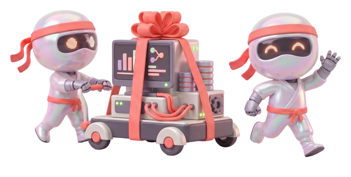 Two ninja robot agents deliver a finished system on a cart, tied with a coral ribbon