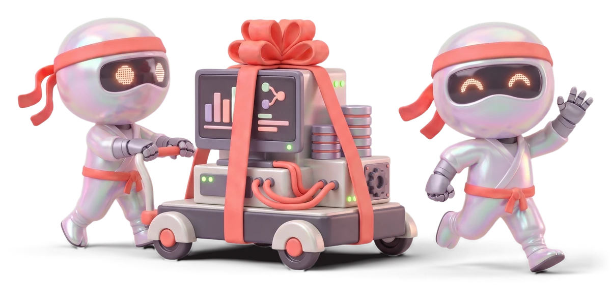 Two ninja robot agents deliver a finished system on a cart, tied with a coral ribbon